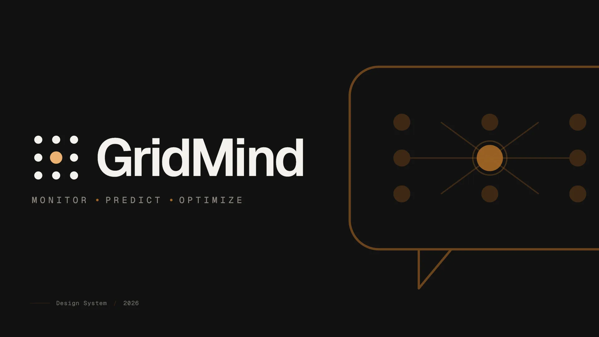 GridMind cover: the logotype on black, with the line monitor, predict, optimize, and the node grid with its centre in amber.