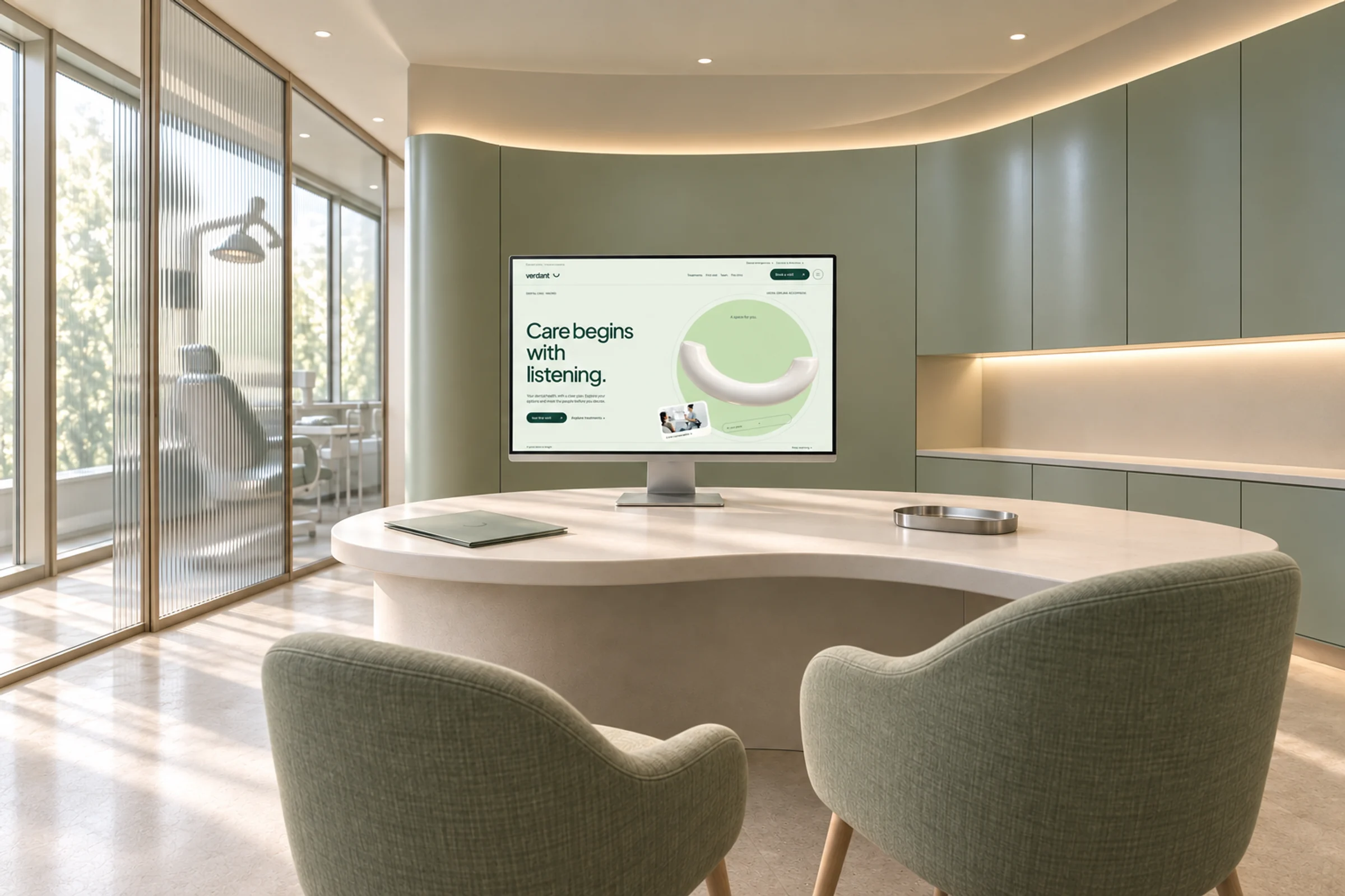Wide view of a sage, fluted-glass and ivory consultation space, with Verdant on the central screen. AI-generated concept environment.