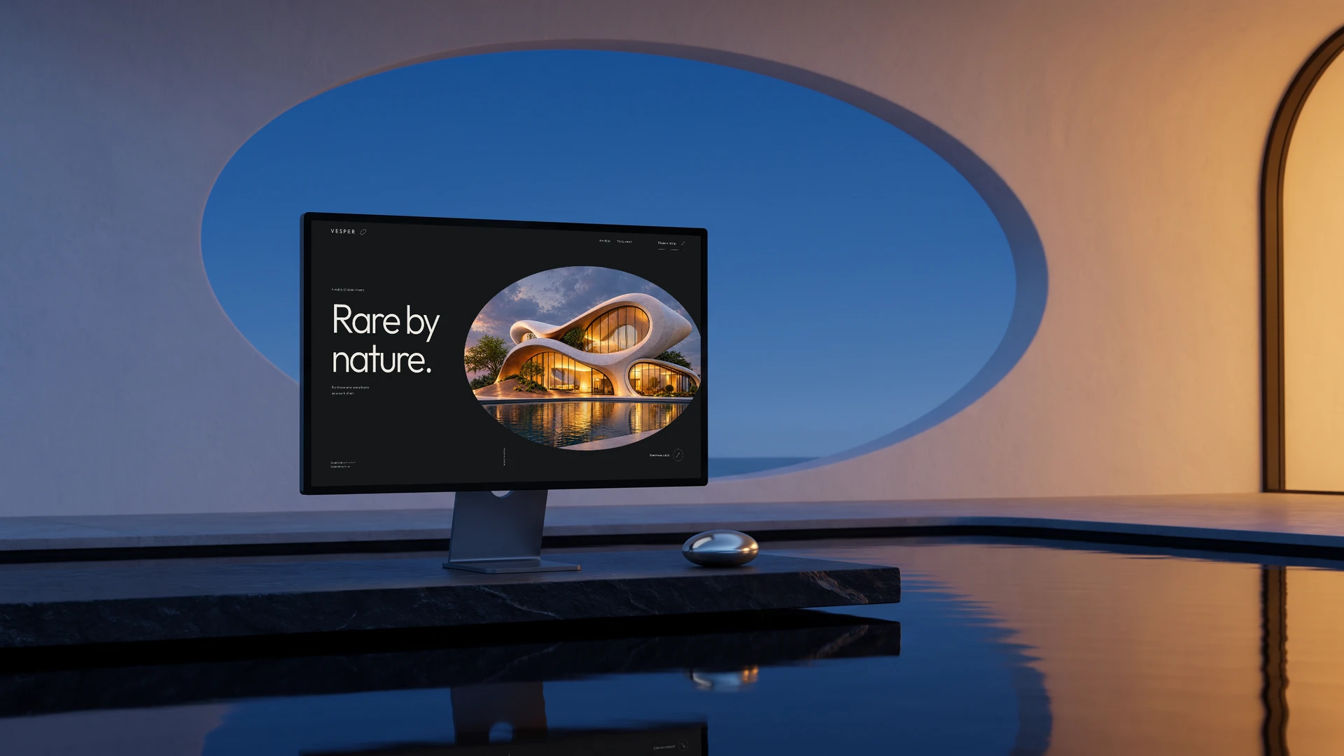Illustrative AI-generated mockup: the Vesper homepage on a black monitor on a mineral stone table at night, in front of a curved white wall with an oval opening to the sky, beside still water and a silver pebble.