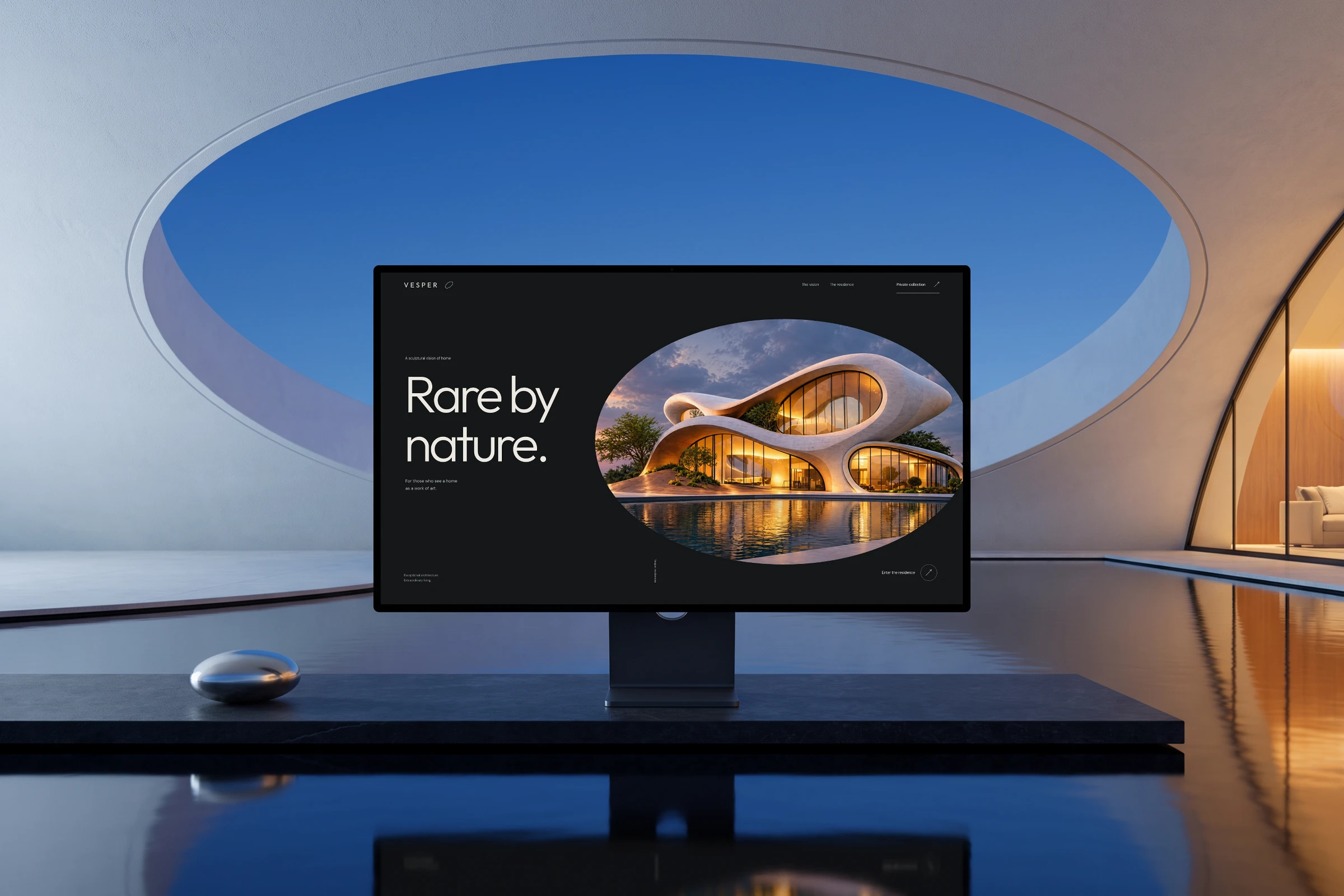 Mockup ilustrativo: la portada de Vesper en un monitor centrado bajo una gran abertura ovalada al cielo azul de la noche, sobre piedra negra y agua quieta.