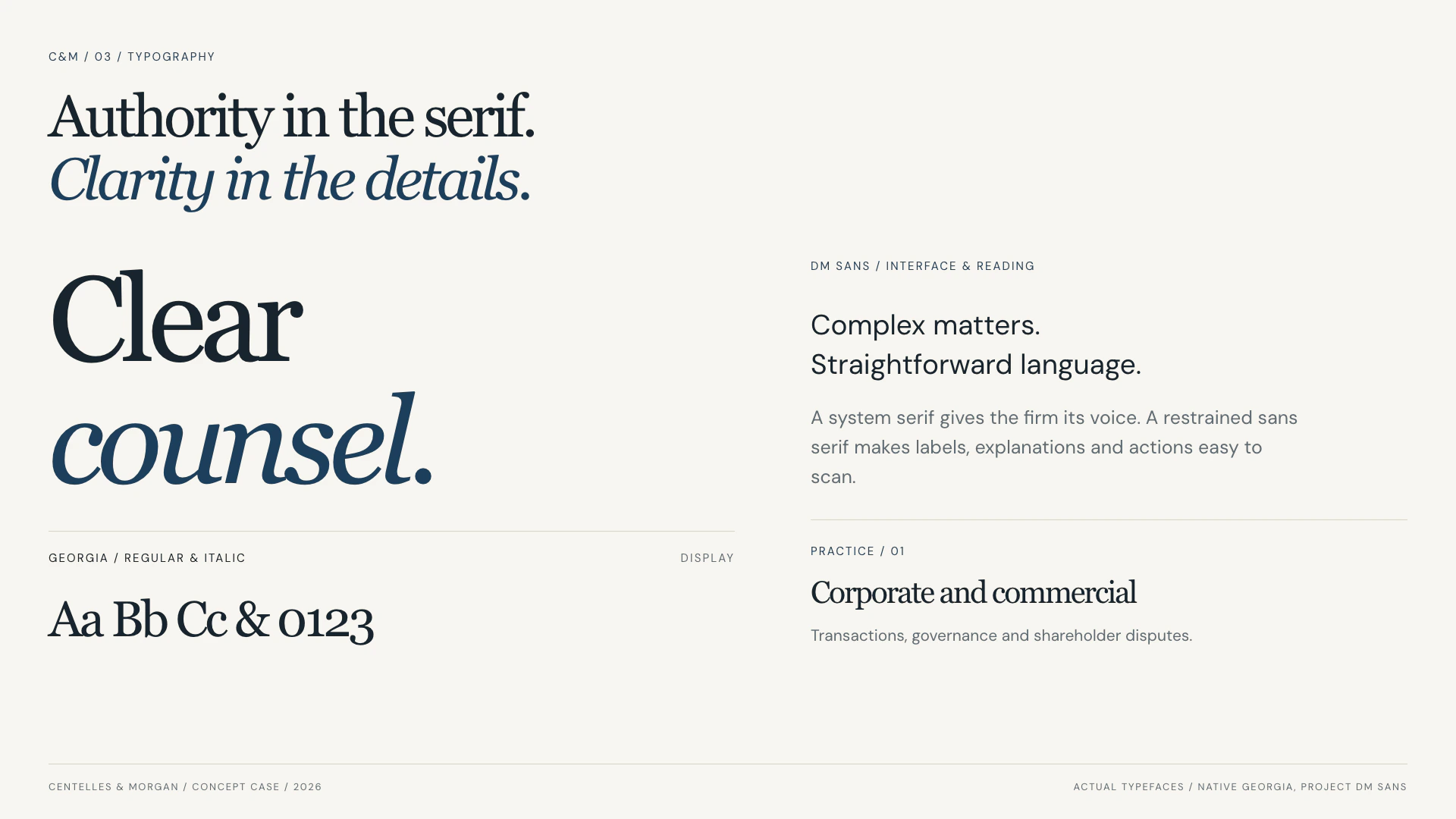 Georgia regular and italic headlines paired with DM Sans for labels, explanations and actions.