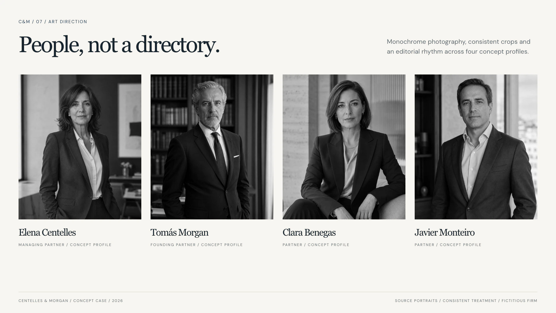Four fictional partner profiles shown with consistent monochrome photography and editorial crops.
