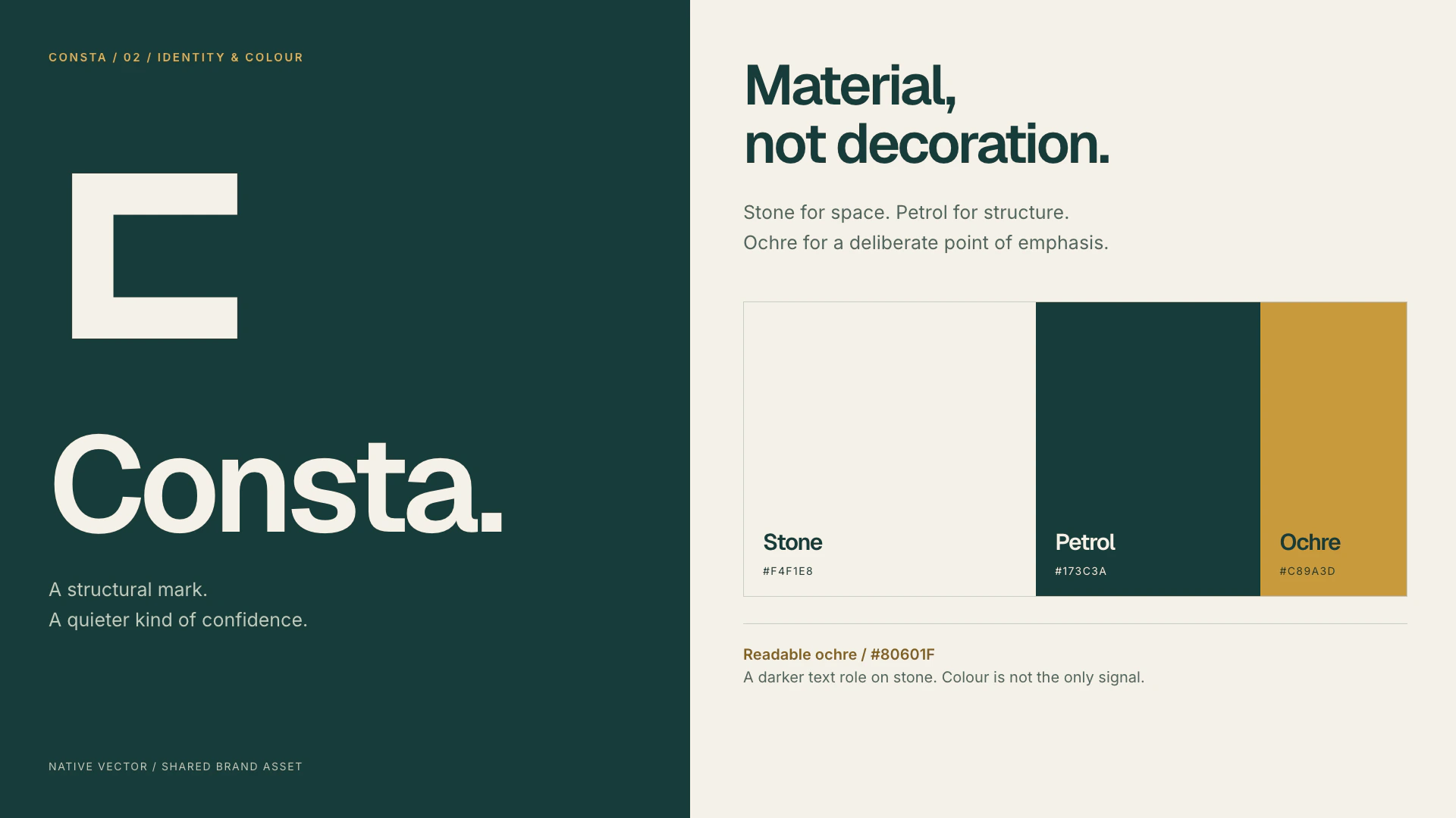 Consta’s structural C mark with stone, petrol and ochre colour roles, including a darker ochre for text.
