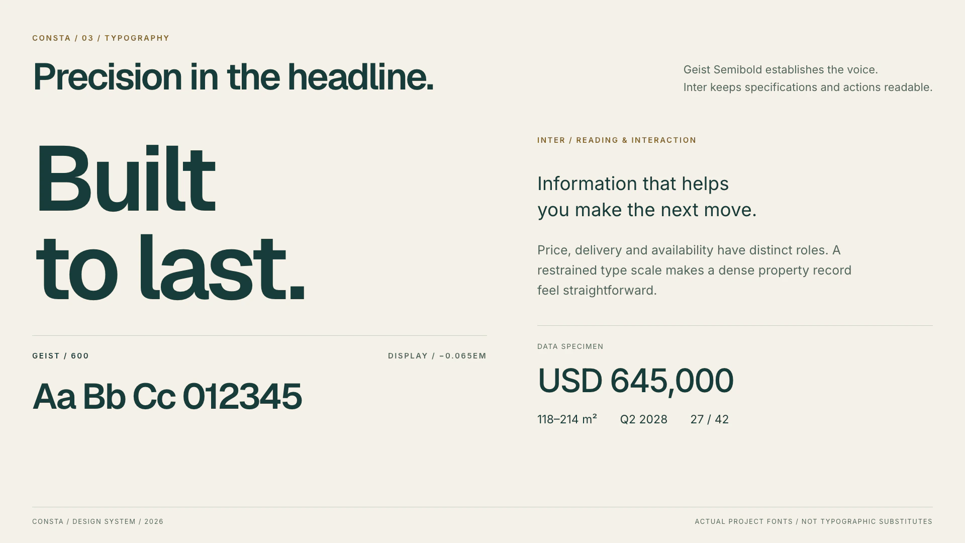 Geist Semibold display lettering with Inter reading and property-data specimens.