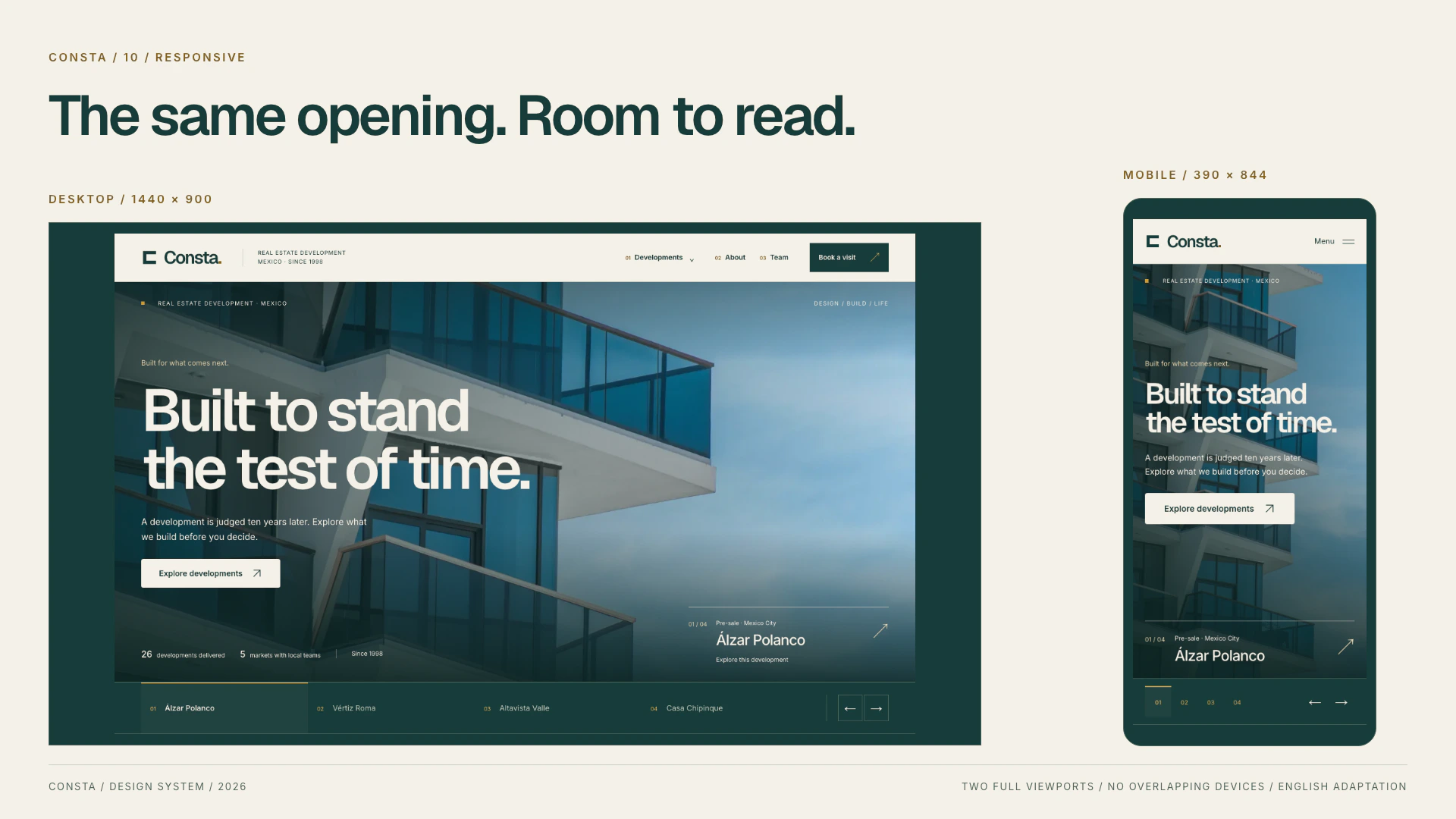 The same homepage at desktop and mobile sizes, shown separately without overlapping devices.