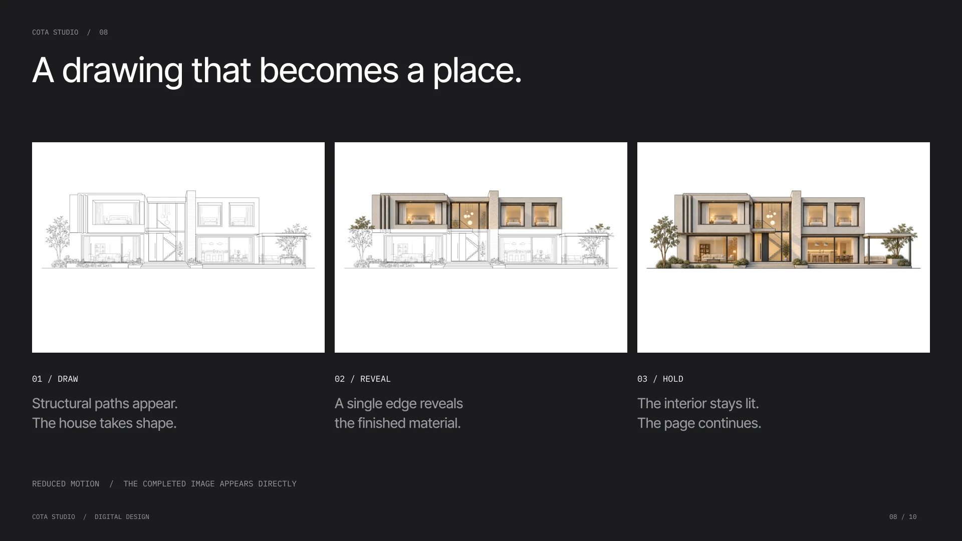 Three states of the opening: structural drawing, aligned reveal and illuminated house, with a reduced-motion alternative.