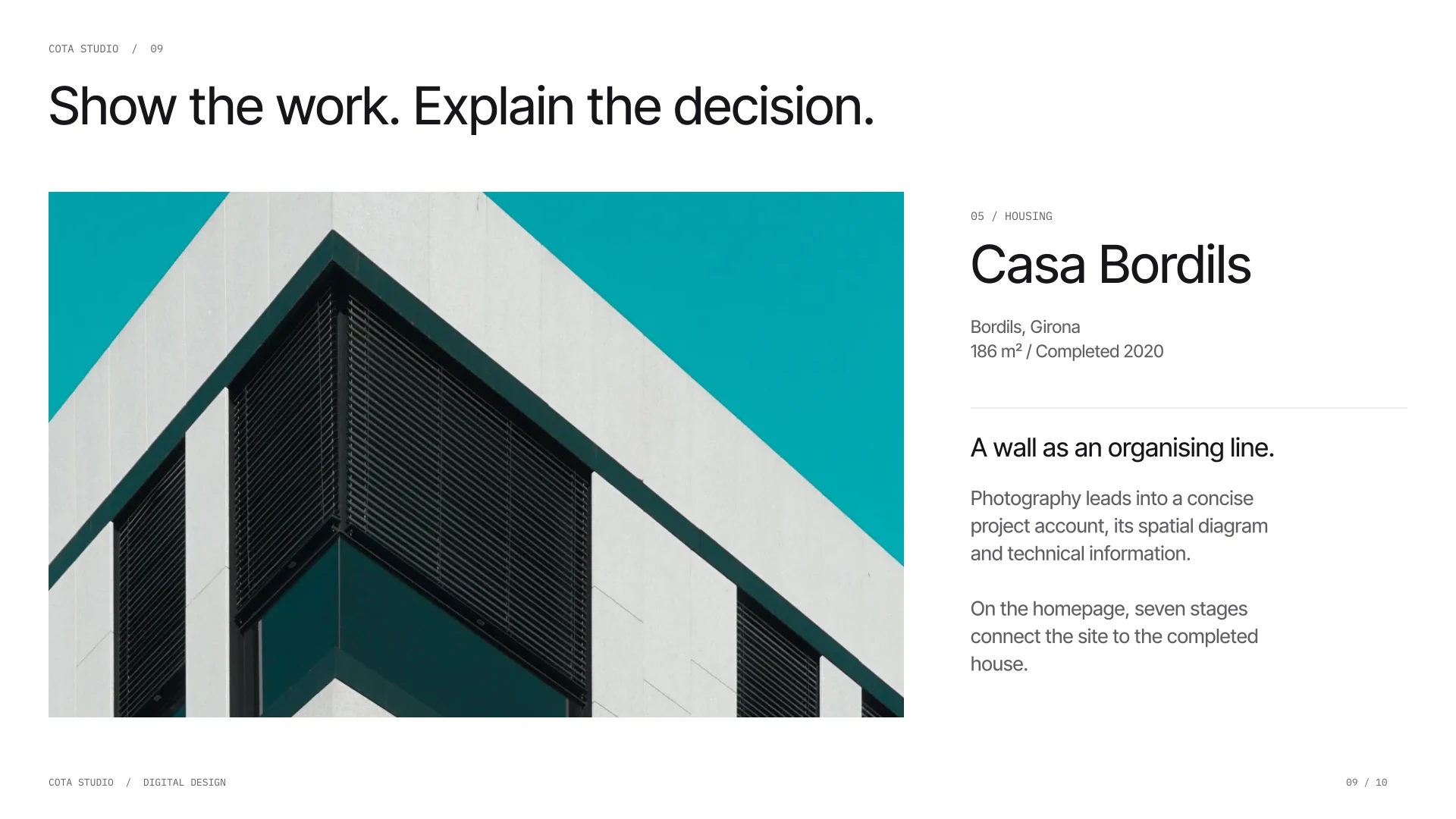 Casa Bordils photography and project information, linking the case to spatial decisions and the seven-stage homepage sequence.