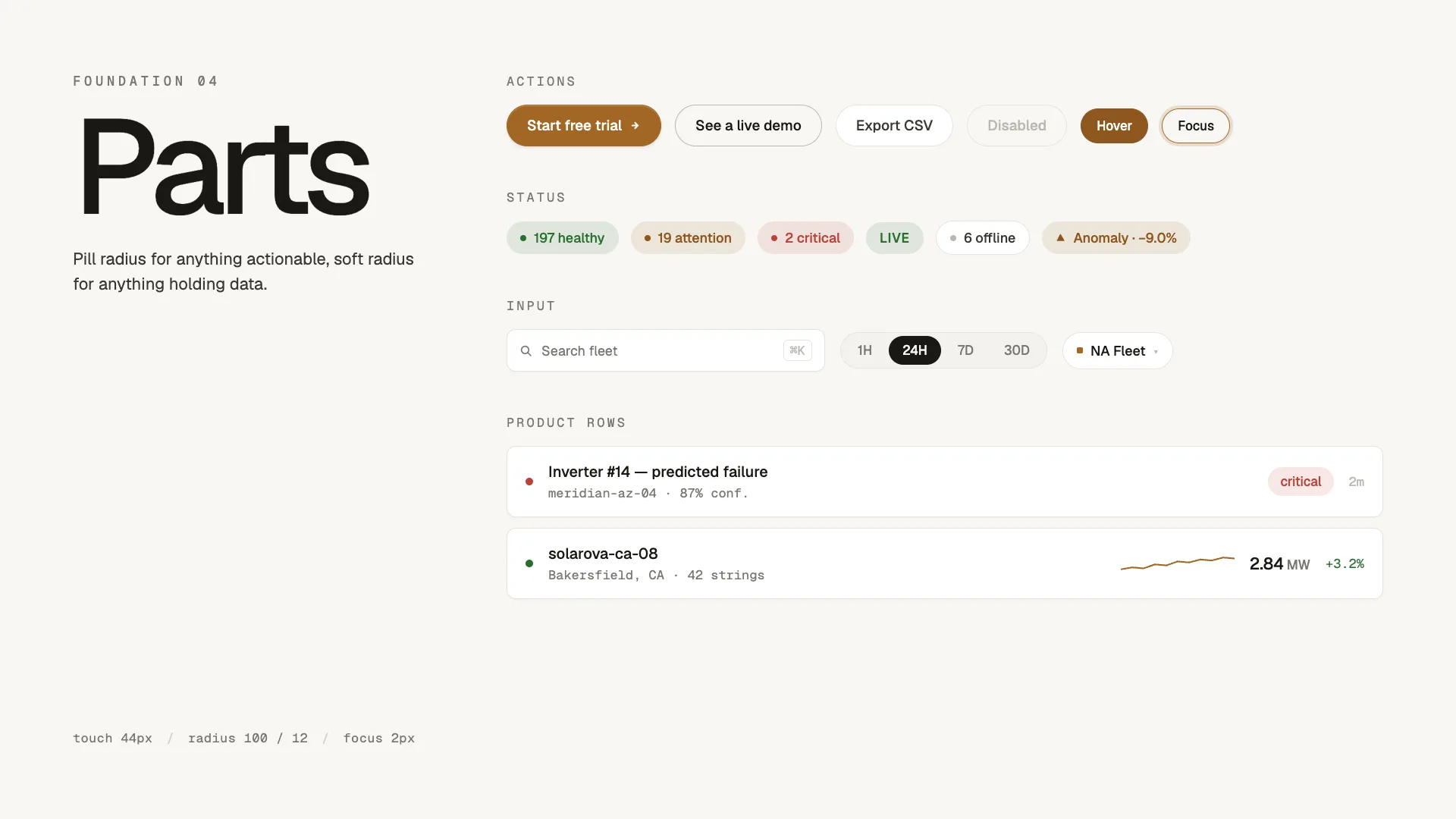 Interface components: buttons and their states, status chips, input fields and product rows