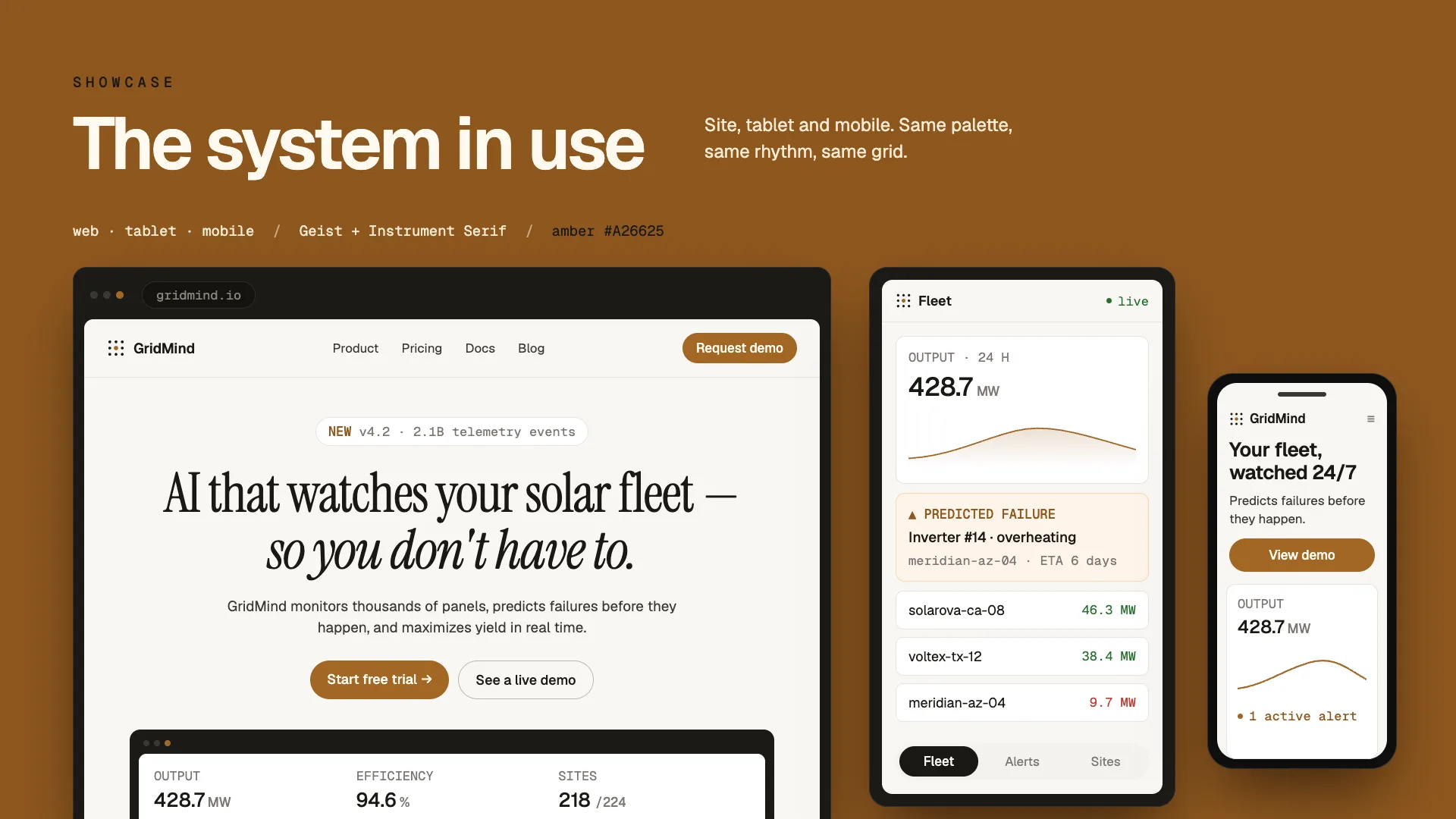 The system applied across web, tablet and mobile, sharing one palette, one rhythm and one grid