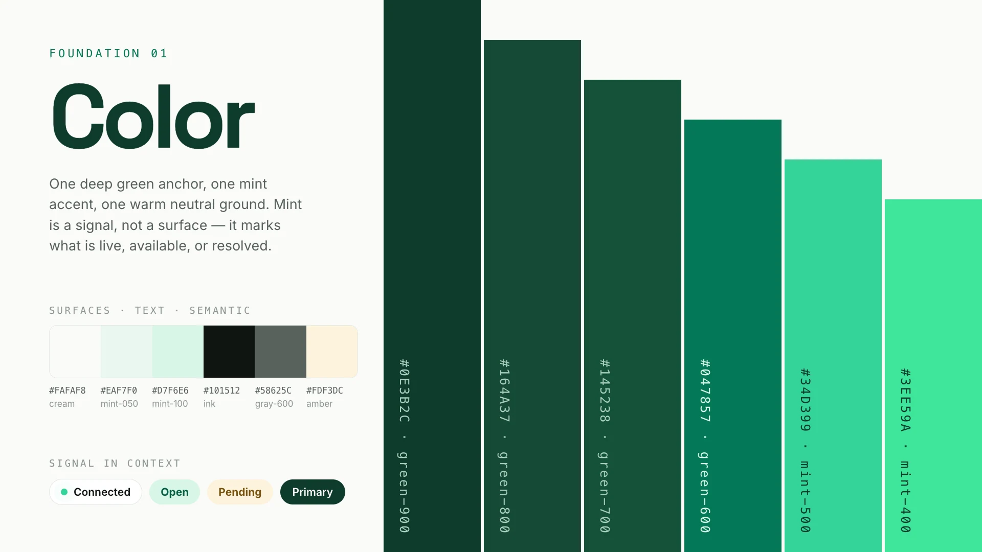 Paleta: escala de verdes con sus valores hexadecimales, superficies, texto y colores semánticos
