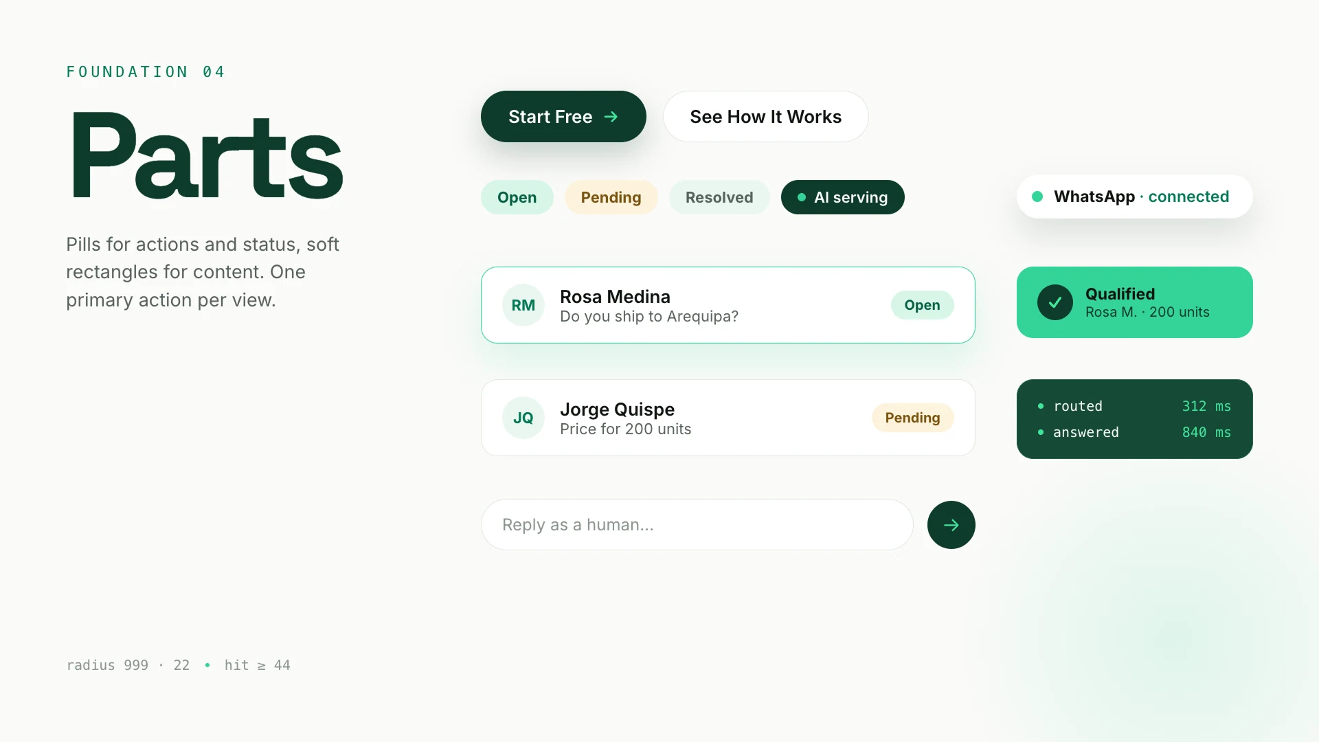 Componentes de interfaz: botones, chips de estado, filas de conversación y campo de respuesta