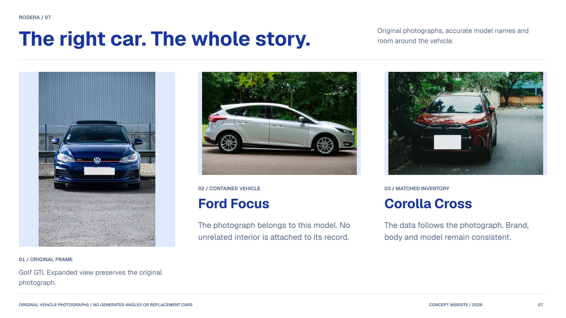 Original Golf GTI, Ford Focus and Corolla Cross photographs, with accurate vehicle names and no invented angles or unrelated interiors.