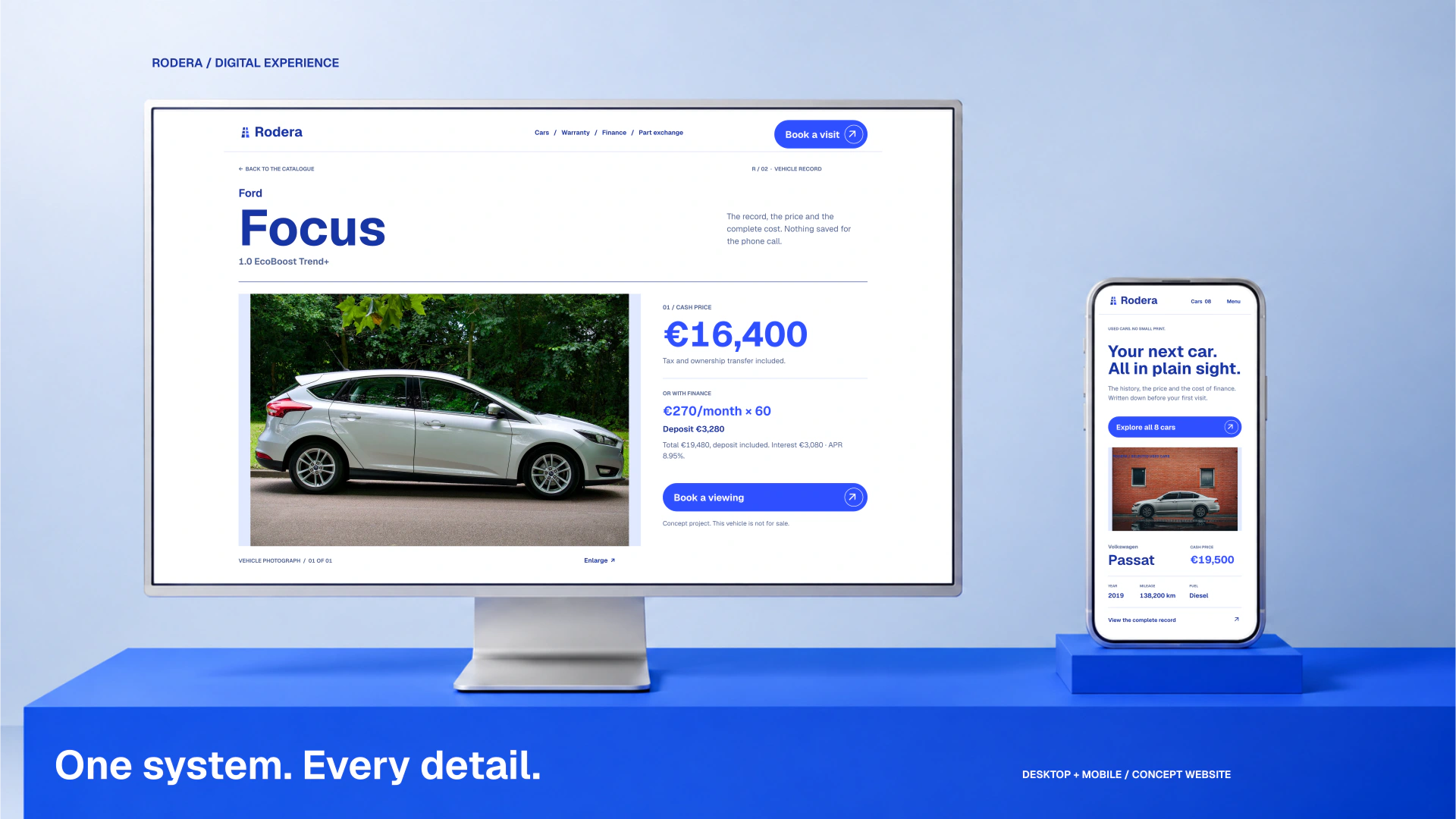 Rodera in a blue studio: Ford Focus vehicle detail on desktop and the Passat homepage on a separate mobile device, with English interface text.
