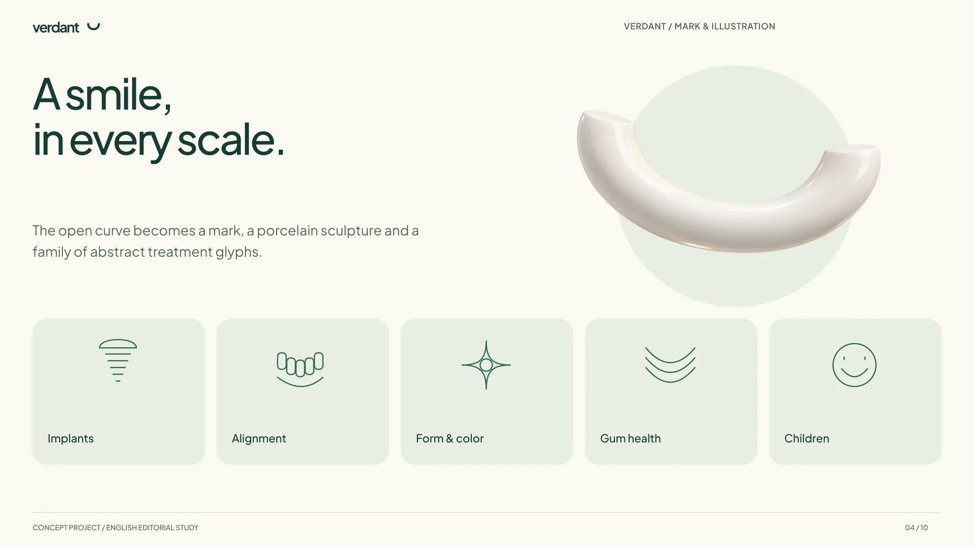 The porcelain smile alongside five original vector glyphs for implants, alignment, aesthetics, gums and children's care.