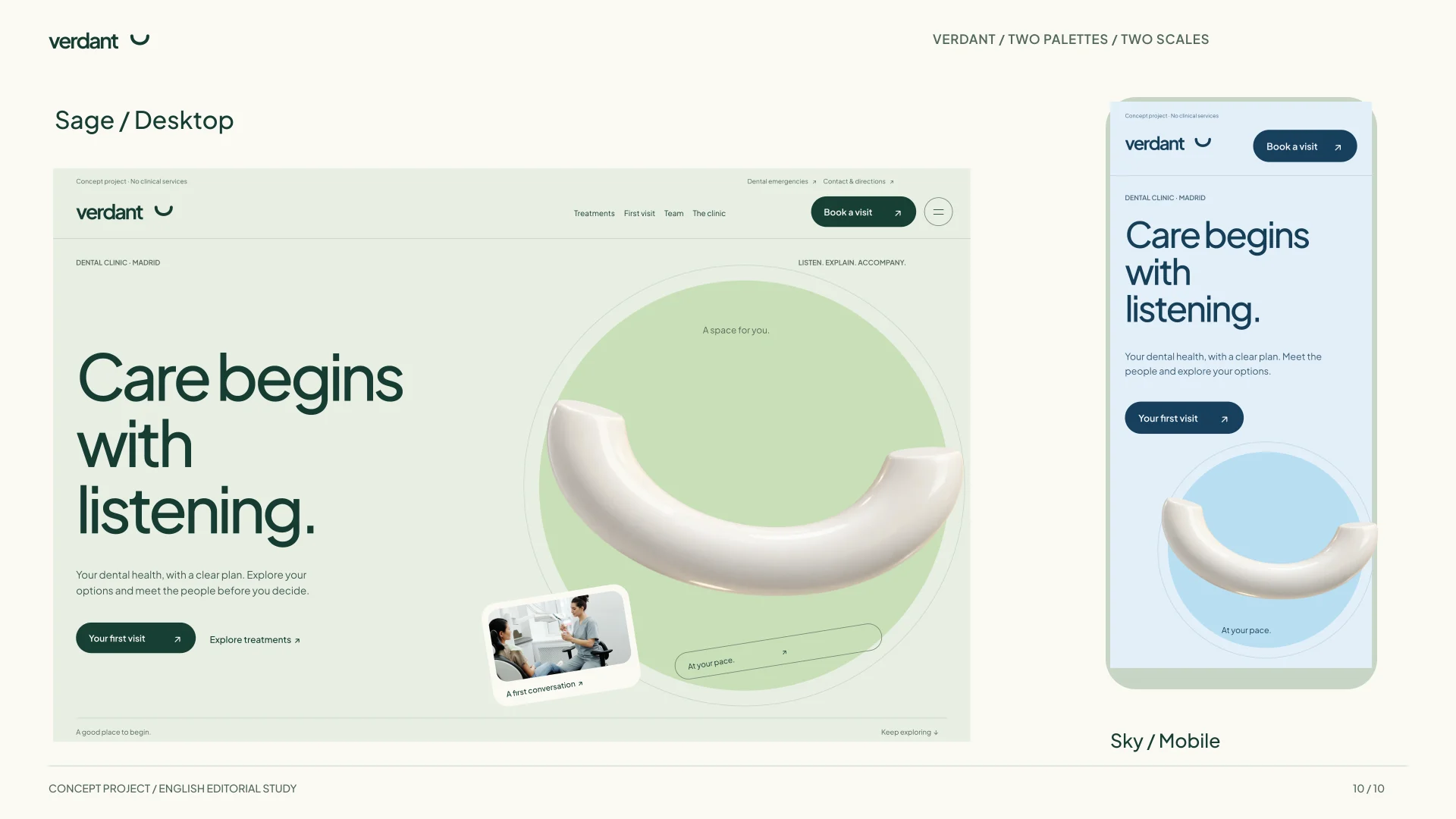 Complete, separate studies of the sage desktop and sky-blue mobile homepage, sharing the same typography and porcelain smile.