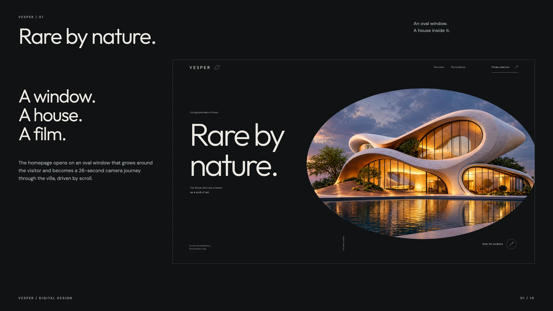 Portada de Vesper en escritorio: el titular Rare by nature sobre una página negra, junto a la villa y su piscina dentro de una gran ventana ovalada.